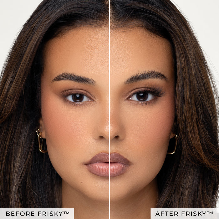 Before and after of a model wearing Frisky false eyelashes.