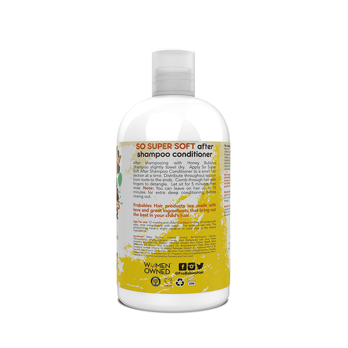 Back view of Frobabies So Super Soft conditioner bottle with yellow label and product details