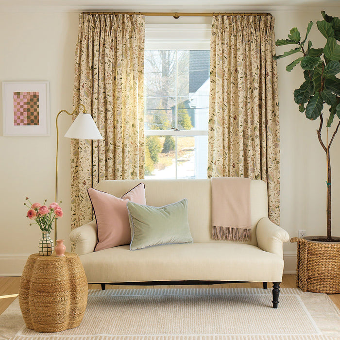 Gemma Pear TEST fabric curtains in a bright living room, made to order in the USA with short lead times