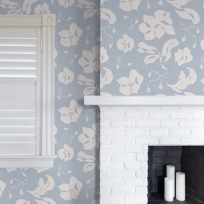 Georgia Cornflower wallpaper with abstract botanical print in soft cornflower blue, perfect for custom-made curtains by Pepper Home.