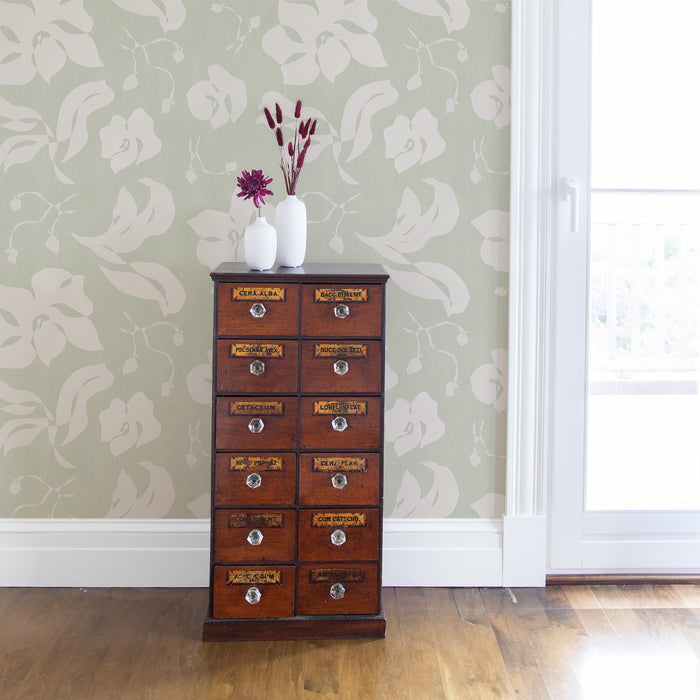 Georgia Mint made-to-order wallpaper with pale green background and soft white botanical designs, crafted in the USA fast
