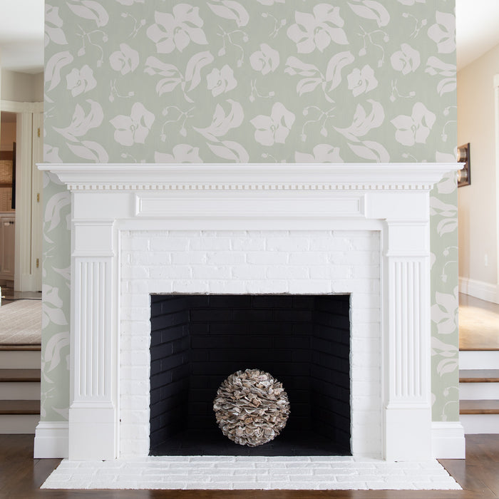 Georgia Mint made-to-order wallpaper with subtle pale green background and soft white floral pattern, made in the USA fast