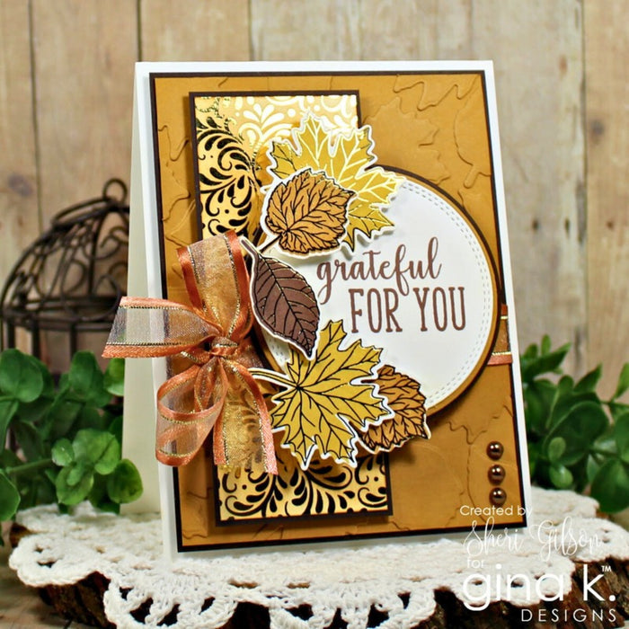 Gina K. Designs - Foil-Mates Remix - 4.25 x 5.5 - Bountiful Flourish. Add sparkle and shine with Foils. Available at Embellish Away located in Bowmanville Ontario. Example by Sheri Gibson at Gina K designs.