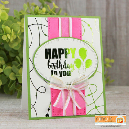 Gina K. Designs - Foil-Mates Remix - 4.25 x 5.5 - Dots & Strings. Add sparkle and shine with Foils. Available at Embellish Away located in Bowmanville Ontario. Example by Juliana Michaels for Gina K Designs.