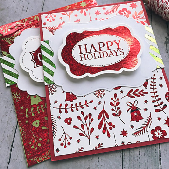 Gina K. Designs - Foil-Mates Remix - 4.25 x 5.5 - Ornamental Holiday. Add sparkle and shine with Foils. Available at Embellish Away in Bowmanville Ontario. Example by Gina K Designs.