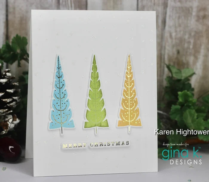 Gina K. Designs Poly-Glaze Foiling Sheets - O Christmas Tree. This package includes 6 sheets – 5 1/2” X 8 1/2”. At Embellish Away in Bowmanville Ontario Canada. Example by Karen Hightower.