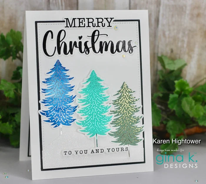 Gina K. Designs Poly-Glaze Foiling Sheets - O Christmas Tree. This package includes 6 sheets – 5 1/2” X 8 1/2”. At Embellish Away in Bowmanville Ontario Canada. Example by Karen Hightower.