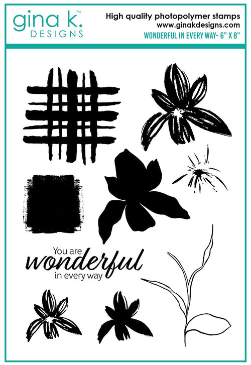 Gina K. Designs - Stamps - Wonderful In Every Way. Wonderful in Every Way is a stamp set by Lisa Hetrick. This set is made of premium clear photopolymer and measures 6" X 8". Made in the USA. Available at Embellish Away located in Bowmanville Ontario Canada.