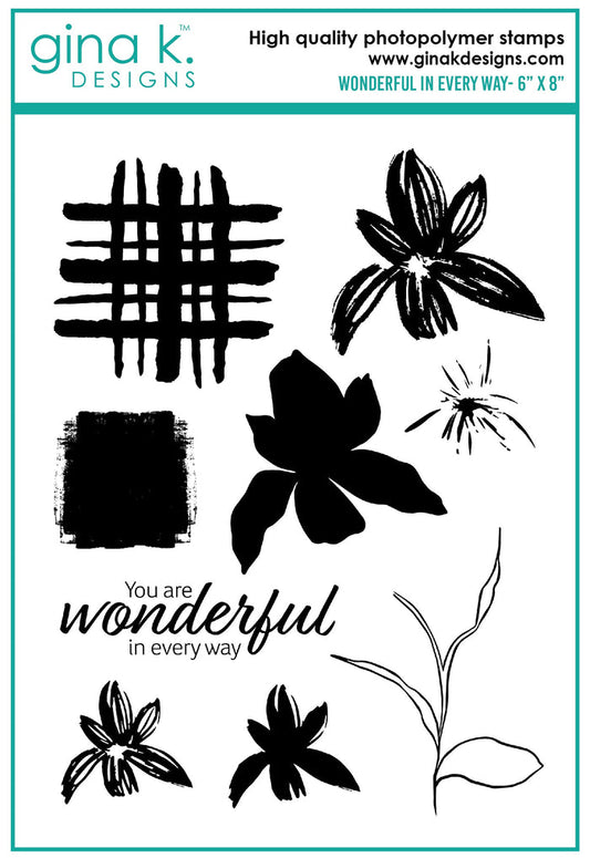 Gina K. Designs - Stamps - Wonderful In Every Way. Wonderful in Every Way is a stamp set by Lisa Hetrick. This set is made of premium clear photopolymer and measures 6" X 8". Made in the USA. Available at Embellish Away located in Bowmanville Ontario Canada.