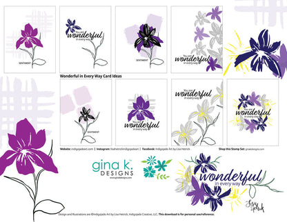 Gina K. Designs - Stamps - Wonderful In Every Way. Wonderful in Every Way is a stamp set by Lisa Hetrick. This set is made of premium clear photopolymer and measures 6" X 8". Made in the USA. Available at Embellish Away located in Bowmanville Ontario Canada. Inspiration chart