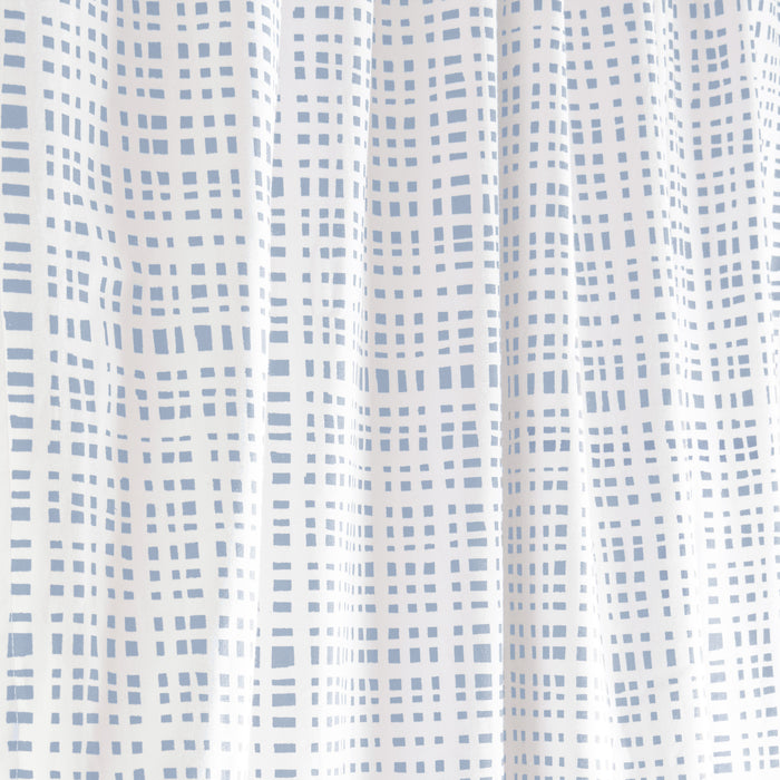 Ginger made-to-order custom curtains in soft blue grid pattern on white, manufactured in the USA with short lead times