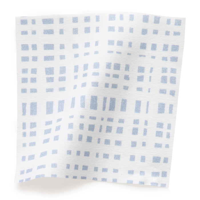 Ginger made-to-order cotton fabric in soft blue grid pattern on white, manufactured in the USA with short lead times
