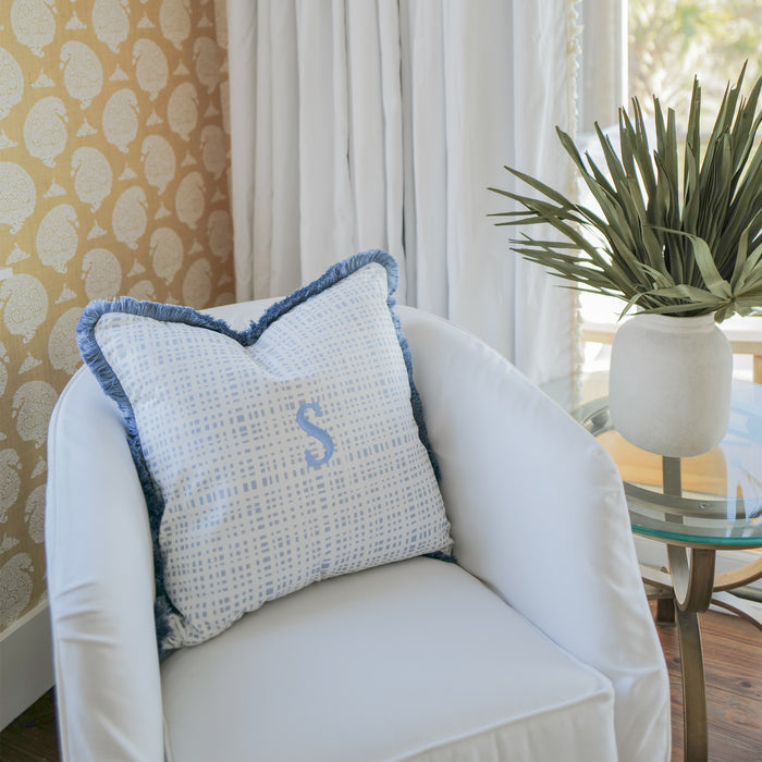 Sky fabric pillow with subtle blue grid pattern and monogram letter S, made-to-order in the USA with fast turnaround and quality finish