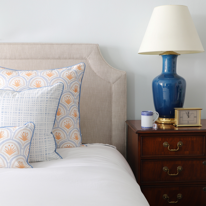 Ginger made-to-order decorative pillows with soft orange and blue patterns on cotton, crafted in the USA with short lead times