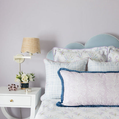 Ginger made-to-order decorative pillows in soft pastel florals and blue grid patterns, manufactured in the USA with short lead times