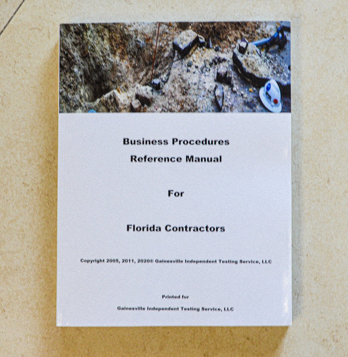 Business Procedures Reference Manual for Florida Contractors with excavation site photo and safety helmet on dirt background