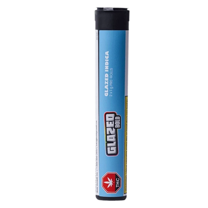 Straight-on view of the tubular Glazed Indica PR 2 x 1 g packaging, standing upright with a blue label and black cap.
