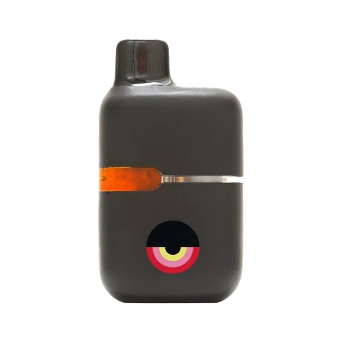 Front-facing shot of a matte black Gluerangutan Cured Resin Disposable Vape with a horizontal amber window and concentric colorful eye logo near the base