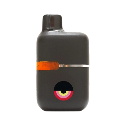 Front-facing shot of a matte black Gluerangutan Cured Resin Disposable Vape with a horizontal amber window and concentric colorful eye logo near the base
