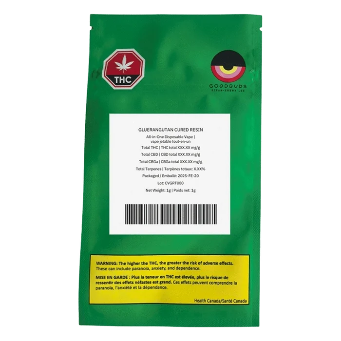 Rear view of the green pouch packaging showing a white label and warning strip for Gluerangutan Cured Resin Disposable Vape.