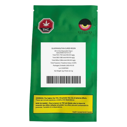 Rear view of the green pouch packaging showing a white label and warning strip for Gluerangutan Cured Resin Disposable Vape.