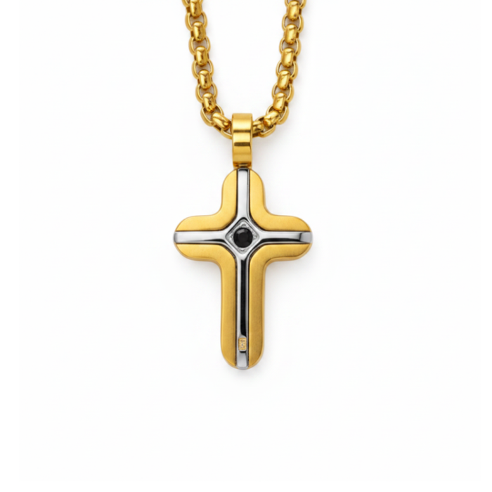 Gold and Stainless Steel Small Cross Pendant with black stone Inlay