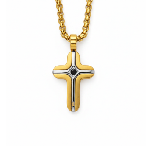 Gold and Stainless Steel Small Cross Pendant with black stone Inlay