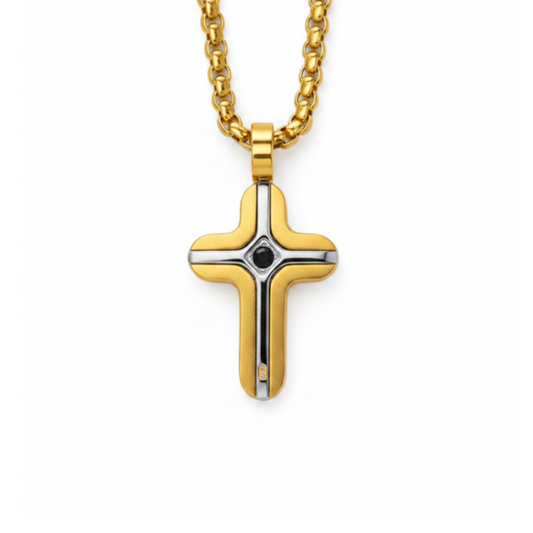 Gold and Stainless Steel Small Cross Pendant with black stone Inlay