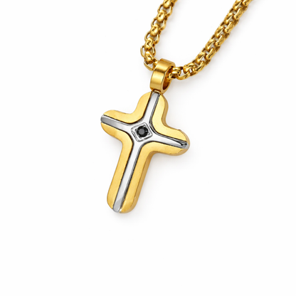 Gold and Stainless Steel Small Cross Pendant with black stone Inlay