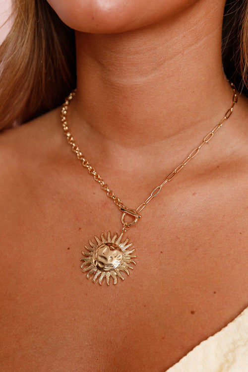 Gold Sun Pendant Necklace- Women's Gold Toggle Necklace- Statement Gold Jewelry for Women