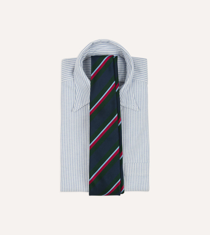 Green and Navy Regimental Stripe Mogador Cotton-Silk Tipped Tie