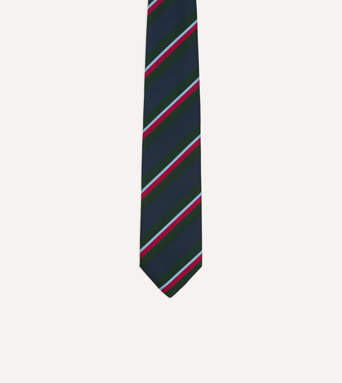 Green and Navy Regimental Stripe Mogador Cotton-Silk Tipped Tie