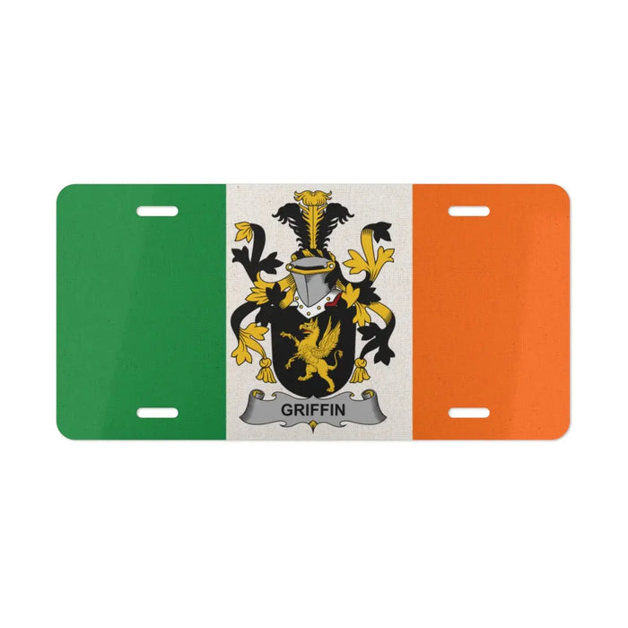Irish flag license plate featuring the Griffin family crest