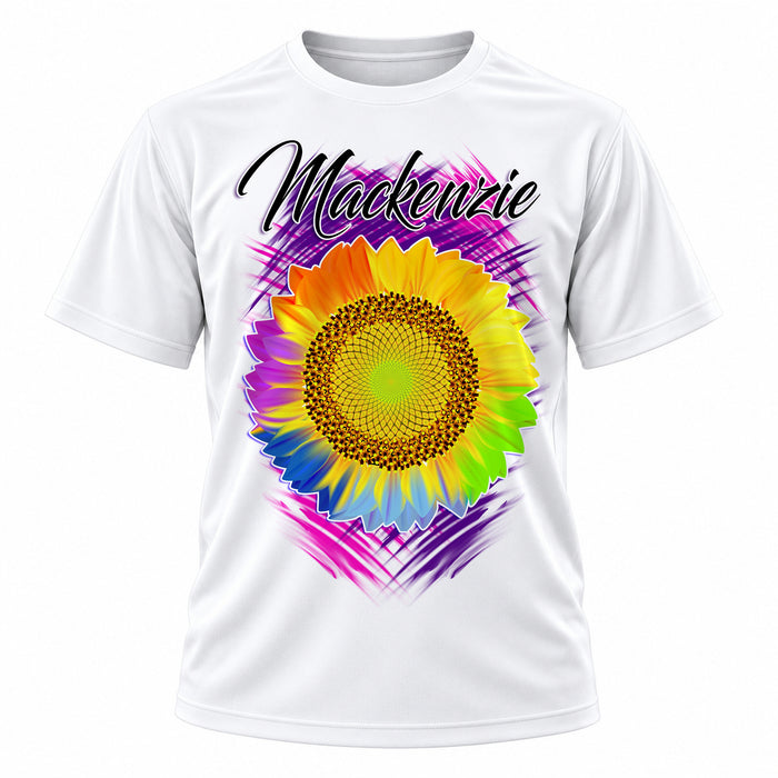Personalized Sunflower T-Shirt, front-view T-shirt mockup featuring custom Air-Volution artwork by Mythic Airbrush