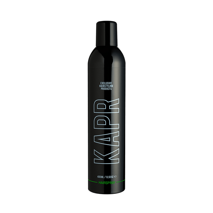 KAPR Hairspray – zwarte haarsprayfles met wit logo op transparante achtergrond.