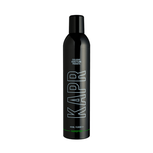 KAPR Hairspray – zwarte haarsprayfles met wit logo op transparante achtergrond.