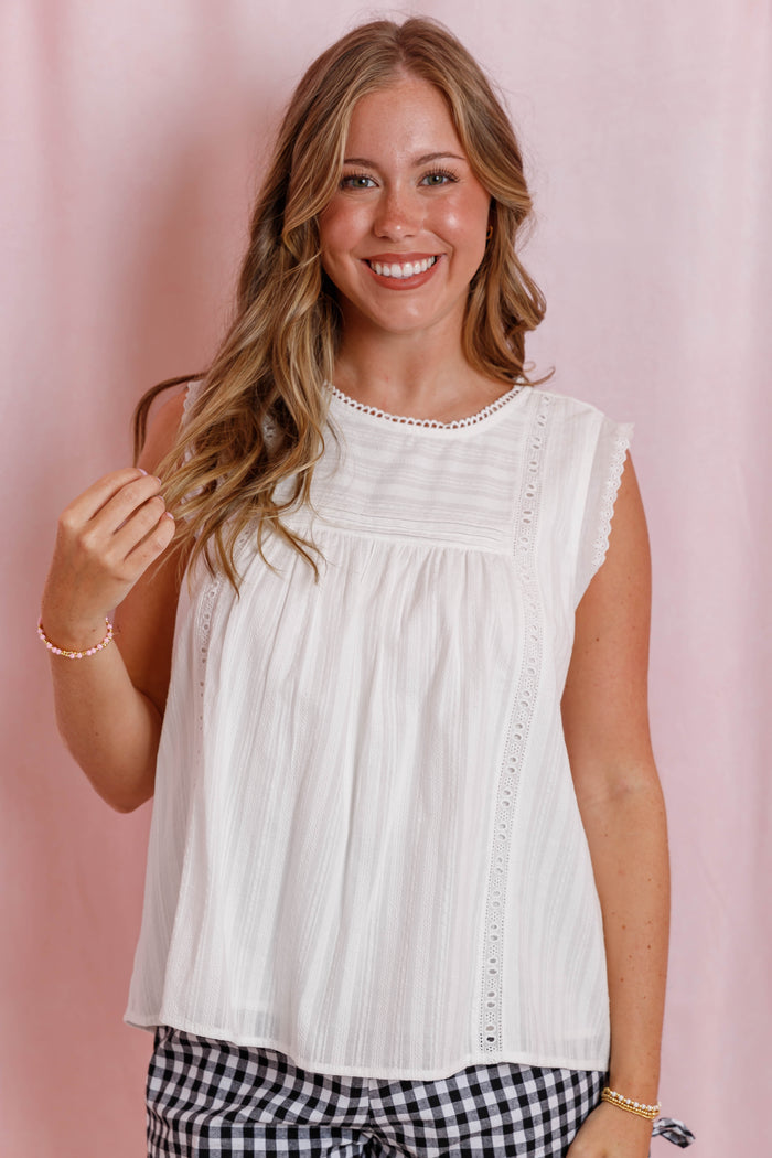 White Sleeveless Cotton Blouse - White Eyelet Detailed Top - Jodifl Cotton White Tank