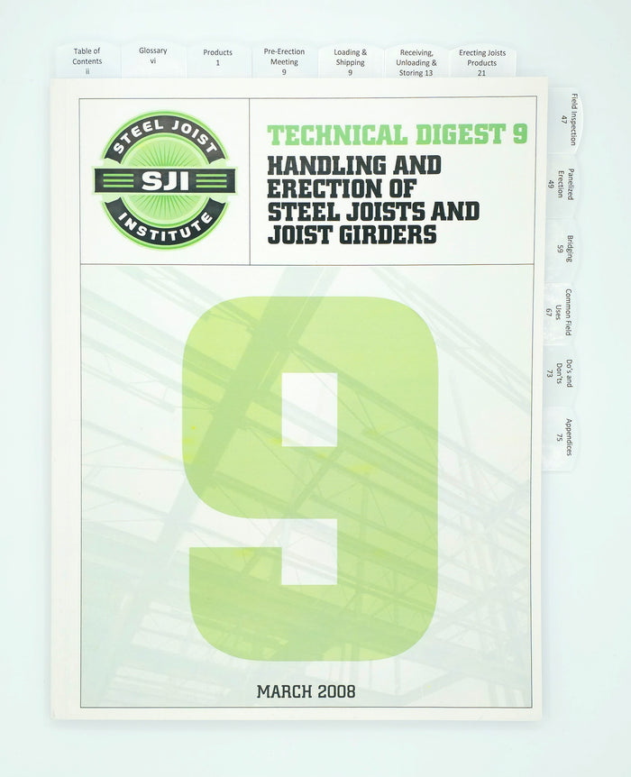 Cover of Technical Digest 9 on steel joists and joist girders handling and erection by Steel Joist Institute March 2008