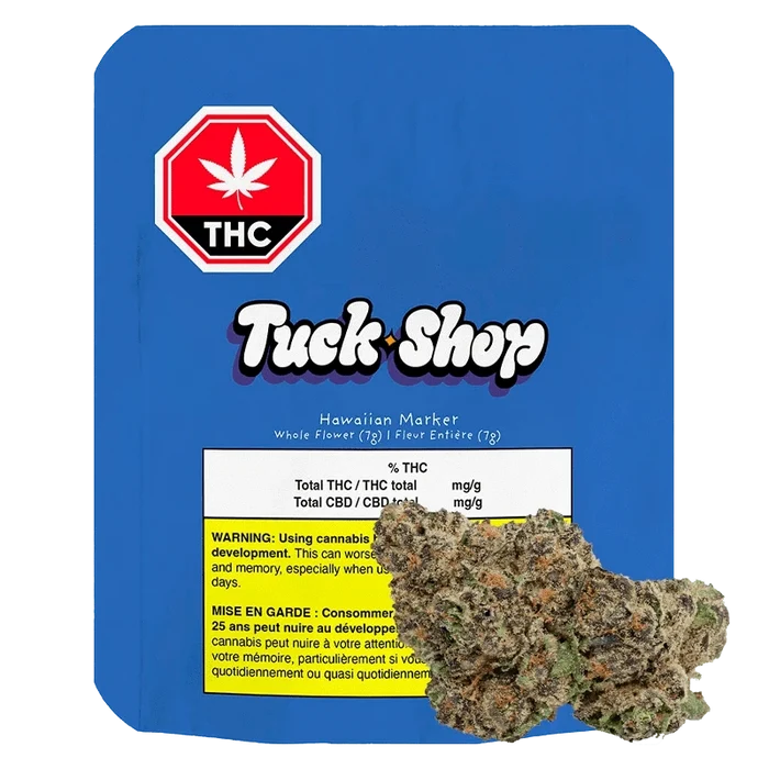 Front-facing shot of the blue Truck Shop Hawaiian Marker pouch with a THC octagon label and cannabis bud resting at the lower right.