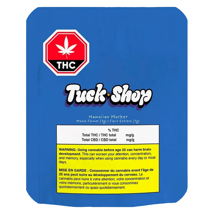 Front-facing blue pouch labeled "Truck Shop" with a red THC octagon and the text Hawaiian Marker above a nutritional panel and yellow warning box.