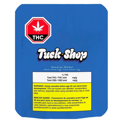 Front-facing blue pouch labeled "Truck Shop" with a red THC octagon and the text Hawaiian Marker above a nutritional panel and yellow warning box.