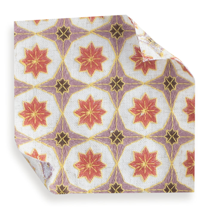 Hayes Coral Embroidered Curtain fabric sample with coral and lavender motifs, made to order in the USA with short lead times