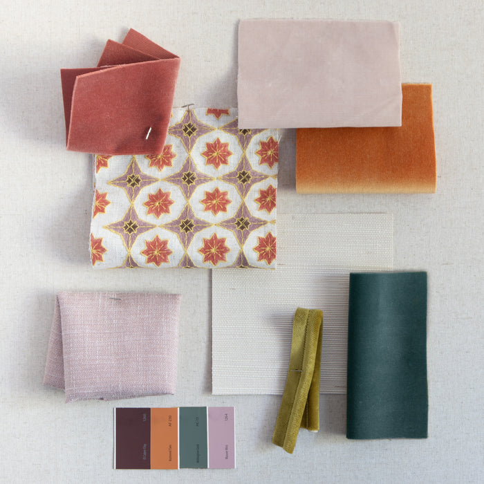 Autumn Velvet throw pillow fabric swatches in warm tones made to order in the USA with short lead times