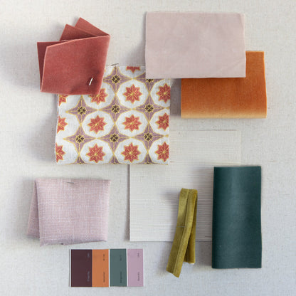 Autumn Velvet throw pillow fabric swatches in warm tones made to order in the USA with short lead times