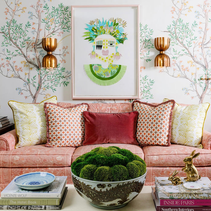 Hayes Coral made-to-order coral sofa with mixed patterned pillows, crafted in the USA with fast turnaround and quality materials