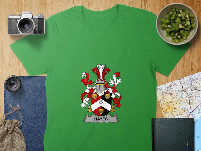 Hayes Irish surname emblem T-shirt, front view