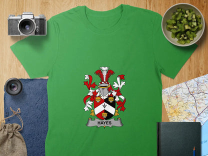 Hayes Irish surname emblem T-shirt, front view