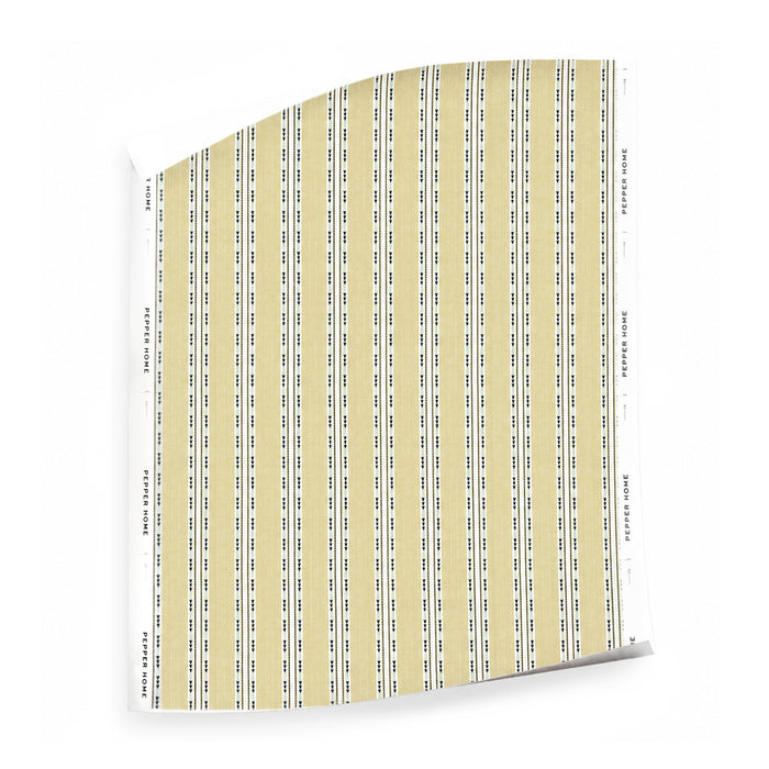 Hazel Chamomile cream striped wallpaper swatch with blue details, made-to-order, manufactured in USA, short lead times