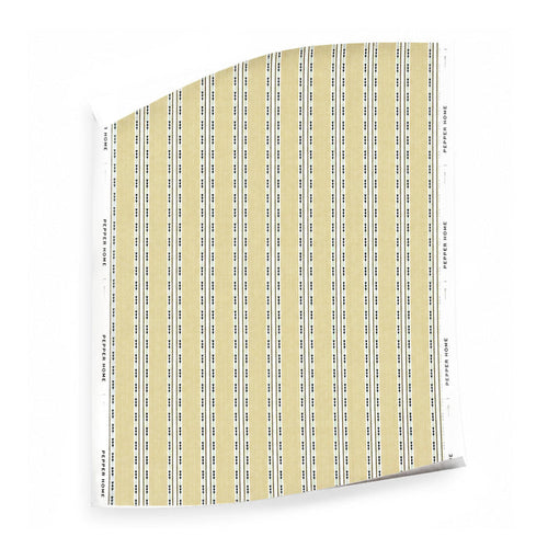 Hazel Chamomile cream striped wallpaper swatch with blue details, made-to-order, manufactured in USA, short lead times