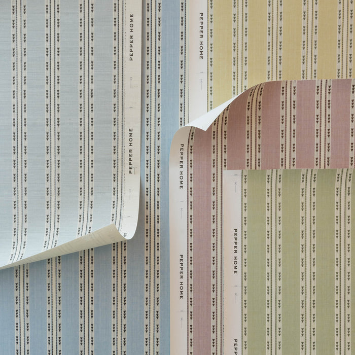 Hazel Chamomile striped wallpaper swatches in blue, green, and blush, made to order in the USA with short lead times